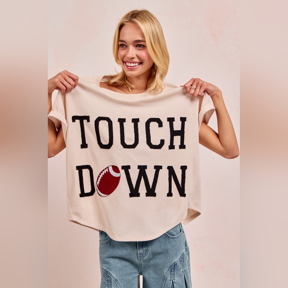 BiBi Game Day Touchdown Letter Patches Waffle Short Top - Picture 6 of 14